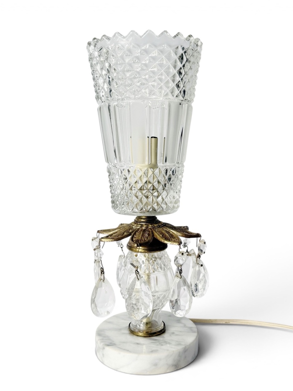 Vintage Italian Cut Crystal Prism Torchiere Marble Base Boudoir Vanity Lamp